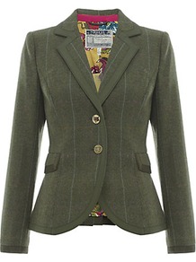 Charing Tweed Blazer - pattern: vertical stripes; style: single breasted blazer; collar: standard lapel/rever collar; predominant colour: dark green; occasions: casual, work; length: standard; fit: tailored/fitted; fibres: wool - mix; waist detail: fitted waist; sleeve length: long sleeve; sleeve style: standard; collar break: medium; pattern type: fabric; pattern size: standard; texture group: woven light midweight