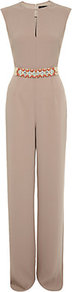 Saletta Jumpsuit - pattern: plain; sleeve style: sleeveless; waist detail: belted waist/tie at waist/drawstring; length: extra long; predominant colour: champagne; occasions: evening, occasion, holiday; fit: fitted at waist & bust; neckline: peep hole neckline; fibres: polyester/polyamide - mix; sleeve length: sleeveless; style: jumpsuit; pattern type: fabric; texture group: other - light to midweight