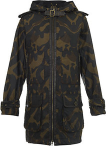Amber Camouflage Parka - collar: round collar/collarless; style: parka; back detail: hood; hip detail: front pockets at hip; length: mid thigh; secondary colour: dark green; occasions: casual; fit: straight cut (boxy); fibres: cotton - 100%; predominant colour: multicoloured; sleeve length: long sleeve; sleeve style: standard; texture group: waxed cotton; collar break: high; pattern type: fabric; pattern size: small & busy; pattern: patterned/print