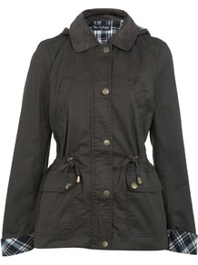Khaki Wax Hooded Jacket - pattern: plain; length: standard; bust detail: added detail/embellishment at bust; back detail: hood; hip detail: front pockets at hip; secondary colour: white; predominant colour: dark green; occasions: casual; fit: straight cut (boxy); fibres: polyester/polyamide - 100%; collar: shirt collar/peter pan/zip with opening; waist detail: belted waist/tie at waist/drawstring; sleeve length: long sleeve; sleeve style: standard; texture group: waxed cotton; collar break: high; pattern type: fabric; pattern size: light/subtle; style: waxed