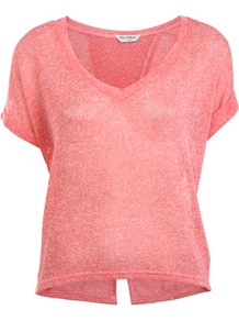 Pink Wrap V Neck Tee - neckline: low v-neck; pattern: plain; style: t-shirt; predominant colour: coral; occasions: casual; length: standard; fibres: polyester/polyamide - stretch; fit: loose; back detail: keyhole/peephole detail at back; sleeve length: short sleeve; sleeve style: standard; pattern type: fabric; texture group: jersey - stretchy/drapey