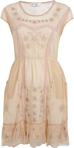 Star Embroidered Mesh Dress - style: shift; neckline: round neck; sleeve style: capped; fit: fitted at waist; predominant colour: nude; occasions: casual, evening; length: just above the knee; fibres: polyester/polyamide - 100%; sleeve length: short sleeve; texture group: sheer fabrics/chiffon/organza etc.; pattern type: fabric; pattern size: small & busy; pattern: patterned/print; embellishment: embroidered