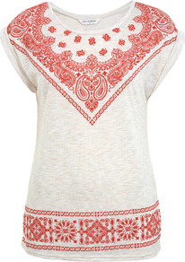 Oatmeal Bandana Print Tee - neckline: round neck; sleeve style: capped; bust detail: added detail/embellishment at bust; style: t-shirt; predominant colour: ivory; secondary colour: true red; occasions: casual; length: standard; fibres: polyester/polyamide - mix; fit: body skimming; sleeve length: short sleeve; pattern type: fabric; pattern size: standard; pattern: patterned/print; texture group: jersey - stretchy/drapey