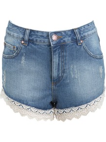 Mid Wash Crochet Hem Short - pattern: plain; style: shorts; waist detail: fitted waist; hip detail: front pockets at hip; pocket detail: traditional 5 pocket; length: short shorts; waist: mid/regular rise; secondary colour: white; predominant colour: denim; occasions: casual, holiday; fibres: cotton - 100%; texture group: denim; fit: slim leg; pattern type: fabric; embellishment: lace