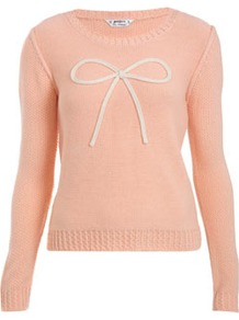 Petites Bow Jumper - neckline: round neck; pattern: plain; bust detail: added detail/embellishment at bust; style: standard; secondary colour: ivory; predominant colour: pink; occasions: casual, work; length: standard; fibres: acrylic - 100%; fit: standard fit; sleeve length: long sleeve; sleeve style: standard; texture group: knits/crochet; pattern type: knitted - other; embellishment: applique
