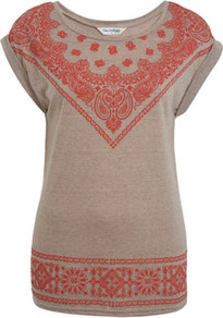 Mocha Bandana Print Tee - neckline: round neck; sleeve style: dolman/batwing; length: below the bottom; style: t-shirt; shoulder detail: contrast pattern/fabric at shoulder; secondary colour: true red; predominant colour: taupe; occasions: casual, holiday; fibres: polyester/polyamide - mix; fit: body skimming; hip detail: contrast fabric/print detail at hip; bust detail: contrast pattern/fabric/detail at bust; sleeve length: short sleeve; trends: modern geometrics; pattern type: fabric; pattern size: big & light; pattern: patterned/print; texture group: jersey - stretchy/drapey