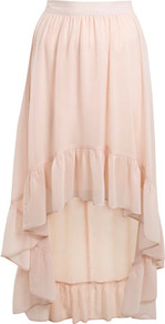 Nude Tiered Hem Skirt - length: below the knee; pattern: plain; fit: loose/voluminous; style: tiered; waist: mid/regular rise; predominant colour: nude; occasions: casual, evening, holiday; fibres: polyester/polyamide - 100%; hip detail: soft pleats at hip/draping at hip/flared at hip; waist detail: narrow waistband; texture group: sheer fabrics/chiffon/organza etc.; pattern type: fabric