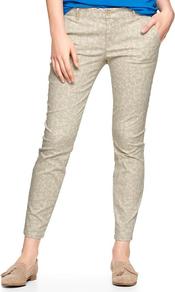Printed Skinny Mini Skimmer Khakis - pocket detail: small back pockets, pockets at the sides; waist: mid/regular rise; predominant colour: stone; secondary colour: light grey; occasions: casual, holiday; length: ankle length; fibres: cotton - stretch; hip detail: fitted at hip (bottoms); waist detail: narrow waistband; texture group: cotton feel fabrics; trends: modern geometrics; fit: slim leg; pattern type: fabric; pattern size: small & busy; pattern: patterned/print; style: standard