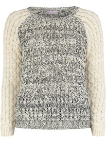 Petite Colour Block Jumper - neckline: round neck; style: standard; secondary colour: ivory; predominant colour: mid grey; occasions: casual; length: standard; fibres: cotton - mix; fit: standard fit; sleeve length: long sleeve; sleeve style: standard; texture group: knits/crochet; pattern type: knitted - big stitch; pattern size: big & light; pattern: colourblock