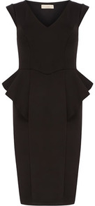 Black Waterfall Dress - style: shift; neckline: v-neck; fit: tailored/fitted; pattern: plain; sleeve style: sleeveless; waist detail: peplum waist detail; predominant colour: black; occasions: evening, occasion; length: just above the knee; fibres: polyester/polyamide - stretch; sleeve length: sleeveless; trends: glamorous day shifts; pattern type: fabric; texture group: other - light to midweight