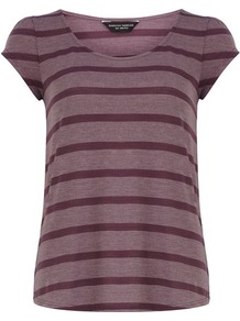 Aubergine Stripe Tee - neckline: round neck; pattern: horizontal stripes; style: t-shirt; predominant colour: purple; secondary colour: aubergine; occasions: casual, holiday; length: standard; fibres: polyester/polyamide - mix; fit: straight cut; sleeve length: short sleeve; sleeve style: standard; trends: striking stripes; pattern type: fabric; pattern size: big & light; texture group: jersey - stretchy/drapey