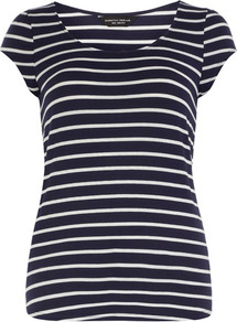 Navy Stripe Puff Sleeve Tee - sleeve style: capped; pattern: horizontal stripes; style: t-shirt; secondary colour: white; predominant colour: navy; occasions: casual, holiday; length: standard; neckline: scoop; fibres: viscose/rayon - stretch; fit: body skimming; sleeve length: short sleeve; pattern type: fabric; pattern size: standard; texture group: jersey - stretchy/drapey