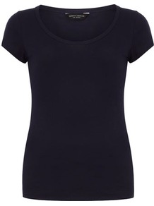 Navy Short Sleeve Scoop Tee - sleeve style: capped; pattern: plain; style: t-shirt; predominant colour: navy; occasions: casual, work, holiday; length: standard; neckline: scoop; fibres: cotton - 100%; fit: body skimming; sleeve length: short sleeve; pattern type: fabric; texture group: jersey - stretchy/drapey
