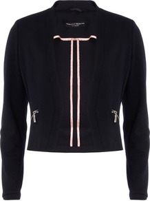 Navy Ponte Jacket - pattern: plain; style: single breasted blazer; length: cropped; collar: standard lapel/rever collar; predominant colour: navy; occasions: casual, evening, work; fit: tailored/fitted; fibres: polyester/polyamide - stretch; sleeve length: long sleeve; sleeve style: standard; collar break: low/open; pattern type: fabric; texture group: woven light midweight