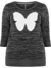 Butterfly Motif Jumper - neckline: round neck; style: standard; secondary colour: white; predominant colour: charcoal; occasions: casual; length: standard; fibres: acrylic - 100%; fit: slim fit; sleeve length: 3/4 length; sleeve style: standard; texture group: knits/crochet; pattern type: knitted - other; pattern size: small & light; pattern: patterned/print