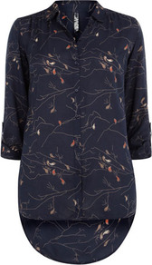 Navy Print Tab Up Shirt - neckline: shirt collar/peter pan/zip with opening; length: below the bottom; style: shirt; bust detail: buttons at bust (in middle at breastbone)/zip detail at bust; predominant colour: navy; secondary colour: nude; occasions: casual, evening, work; fibres: viscose/rayon - 100%; fit: straight cut; hip detail: dip hem; back detail: longer hem at back than at front; sleeve length: long sleeve; sleeve style: standard; texture group: silky - light; pattern type: fabric; pattern size: small & light; pattern: patterned/print