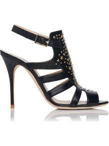 Salinas Riveted Leather Gladiator Sandal Black - secondary colour: gold; predominant colour: black; occasions: evening, occasion; material: leather; heel height: high; embellishment: studs; ankle detail: ankle strap; heel: stiletto; toe: open toe/peeptoe; style: strappy; finish: plain; pattern: plain