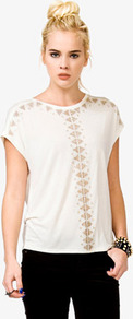 Studded Boxy Tee - neckline: round neck; sleeve style: dolman/batwing; pattern: plain; bust detail: added detail/embellishment at bust; predominant colour: white; occasions: casual; length: standard; style: top; fibres: viscose/rayon - 100%; fit: straight cut; sleeve length: short sleeve; texture group: silky - light; pattern type: fabric; embellishment: studs