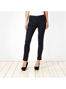 Dark Blue Faux Leather Trimmed Slim Leg Jeans - pattern: plain; pocket detail: traditional 5 pocket; style: slim leg; waist: mid/regular rise; predominant colour: denim; occasions: casual, evening; length: ankle length; fibres: cotton - stretch; jeans detail: dark wash; texture group: denim; pattern type: fabric; embellishment: applique