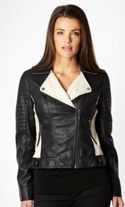 Black Colour Blocked Biker Jacket - pattern: plain; style: biker; collar: standard biker; fit: slim fit; secondary colour: white; predominant colour: black; occasions: casual, evening, holiday; length: standard; sleeve length: long sleeve; sleeve style: standard; texture group: leather; collar break: high/illusion of break when open; pattern type: fabric; fibres: viscose/rayon - mix