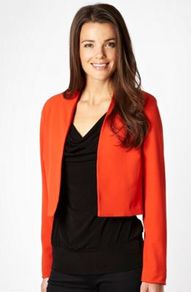 Dark Orange Crepe Jacket - pattern: plain; collar: round collar/collarless; length: cropped; style: boxy; predominant colour: bright orange; occasions: casual, evening, work; fit: straight cut (boxy); fibres: polyester/polyamide - stretch; sleeve length: long sleeve; sleeve style: standard; texture group: crepes; collar break: low/open; pattern type: fabric