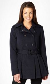 Navy Textured Checked Coat - pattern: plain; length: below the bottom; style: double breasted; predominant colour: navy; occasions: work; fit: tailored/fitted; fibres: cotton - mix; collar: shirt collar/peter pan/zip with opening; waist detail: belted waist/tie at waist/drawstring; sleeve length: long sleeve; sleeve style: standard; collar break: high/illusion of break when open; pattern type: fabric; texture group: woven bulky/heavy