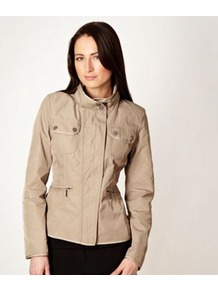 Light Brown Waterproof Jacket - pattern: plain; collar: high neck; style: boxy; predominant colour: stone; occasions: casual; length: standard; fit: straight cut (boxy); fibres: polyester/polyamide - 100%; sleeve length: long sleeve; sleeve style: standard; texture group: technical outdoor fabrics; collar break: high; pattern type: fabric