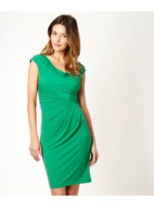 Green Jersey Cowl Dress - style: shift; neckline: cowl/draped neck; sleeve style: capped; pattern: plain; waist detail: twist front waist detail/nipped in at waist on one side/soft pleats/draping/ruching/gathering waist detail; predominant colour: emerald green; occasions: evening, work, occasion; length: just above the knee; fit: body skimming; fibres: polyester/polyamide - stretch; sleeve length: short sleeve; trends: glamorous day shifts; pattern type: fabric; texture group: jersey - stretchy/drapey