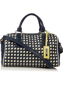 Designer Navy Weave Bowler Bag - predominant colour: navy; secondary colour: lime; occasions: casual, evening; type of pattern: large; style: bowling; length: across body/long; size: standard; material: faux leather; embellishment: studs; finish: plain; pattern: patterned/print