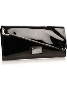 Black Asymmetric Flap Clutch Bag - predominant colour: black; occasions: evening; type of pattern: standard; style: clutch; length: hand carry; size: small; material: faux leather; pattern: plain; finish: patent