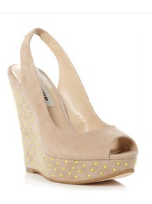 Taupe Suede Highlight Neon Studded Wedge Sandal - secondary colour: lime; predominant colour: stone; occasions: casual, evening, holiday; material: suede; embellishment: studs; heel: wedge; toe: open toe/peeptoe; style: slingbacks; finish: plain; pattern: polka dot; heel height: very high