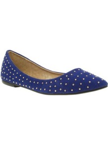 Blue Studded Pointed Toe Casual Ballerinas - predominant colour: royal blue; occasions: casual, evening, work; material: fabric; heel height: flat; embellishment: studs; toe: pointed toe; style: ballerinas / pumps; finish: plain; pattern: plain