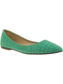 Turquoise Studded Pointed Toe Casual Ballerinas - predominant colour: mint green; occasions: casual, evening, work; material: fabric; heel height: flat; embellishment: studs; toe: pointed toe; style: ballerinas / pumps; finish: plain; pattern: plain