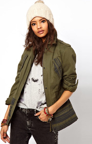 Printed Hem Parka - length: below the bottom; shoulder detail: obvious epaulette; bust detail: added detail/embellishment at bust; style: parka; back detail: contrast pattern/fabric at back; predominant colour: khaki; occasions: casual; fit: tailored/fitted; fibres: polyester/polyamide - mix; collar: shirt collar/peter pan/zip with opening; hip detail: contrast fabric/print detail at hip; waist detail: fitted waist; sleeve length: long sleeve; sleeve style: standard; texture group: cotton feel fabrics; collar break: high; pattern type: fabric; pattern size: standard; pattern: patterned/print