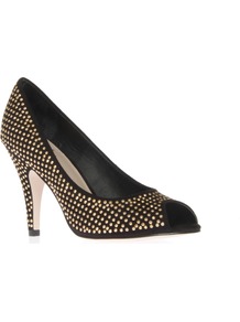 Pixie - predominant colour: black; occasions: evening, work, occasion; material: faux leather; heel height: mid; embellishment: studs; heel: stiletto; toe: open toe/peeptoe; style: courts; trends: metallics; finish: metallic; pattern: patterned/print
