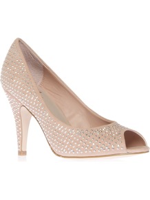Pixie - predominant colour: blush; occasions: evening, work, occasion; material: faux leather; heel height: mid; embellishment: studs; heel: stiletto; toe: open toe/peeptoe; style: courts; trends: metallics; finish: metallic; pattern: diamonds