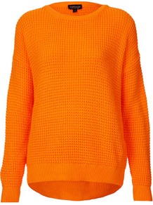 Knitted Textured Stitch Jumper - neckline: round neck; pattern: plain; length: below the bottom; style: standard; predominant colour: bright orange; occasions: casual, work; fibres: acrylic - 100%; fit: loose; back detail: longer hem at back than at front; sleeve length: long sleeve; sleeve style: standard; texture group: knits/crochet; trends: fluorescent; pattern type: knitted - other; pattern size: small & light