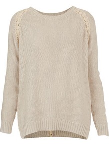 Knitted Lace Shimmer Jumper - neckline: round neck; length: below the bottom; style: standard; shoulder detail: contrast pattern/fabric at shoulder; back detail: contrast pattern/fabric at back; predominant colour: stone; occasions: casual; fibres: cotton - mix; fit: loose; sleeve length: long sleeve; sleeve style: standard; texture group: knits/crochet; pattern type: knitted - other