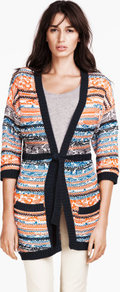 Cardigan - neckline: low v-neck; length: below the bottom; hip detail: front pockets at hip; shoulder detail: contrast pattern/fabric at shoulder; style: open front; occasions: casual, work; fibres: cotton - mix; fit: standard fit; waist detail: belted waist/tie at waist/drawstring; bust detail: contrast pattern/fabric/detail at bust; predominant colour: multicoloured; sleeve length: 3/4 length; sleeve style: standard; texture group: knits/crochet; trends: striking stripes; pattern type: knitted - other; pattern size: big & busy; pattern: patterned/print