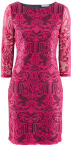 Dress - style: shift; length: mid thigh; neckline: round neck; pattern: plain; waist detail: fitted waist; hip detail: fitted at hip; shoulder detail: contrast pattern/fabric at shoulder; predominant colour: hot pink; occasions: evening, work, occasion; fit: body skimming; fibres: polyester/polyamide - 100%; sleeve length: 3/4 length; sleeve style: standard; texture group: lace; trends: statement prints, glamorous day shifts, fluorescent; pattern type: fabric; pattern size: big & busy