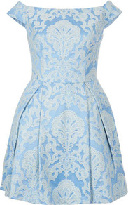 Off Shoulder Dress - length: mid thigh; neckline: off the shoulder; sleeve style: capped; style: prom dress; waist detail: fitted waist; back detail: low cut/open back; predominant colour: pale blue; occasions: evening, occasion; fit: fitted at waist & bust; fibres: cotton - mix; hip detail: sculpting darts/pleats/seams at hip; sleeve length: short sleeve; texture group: structured shiny - satin/tafetta/silk etc.; trends: statement prints; pattern type: fabric; pattern size: big & light; pattern: patterned/print