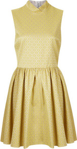Tile Print High Neck Dress - length: mid thigh; pattern: plain; sleeve style: sleeveless; neckline: high neck; waist detail: fitted waist; predominant colour: primrose yellow; occasions: casual, evening, work, occasion; fit: fitted at waist & bust; style: fit & flare; fibres: cotton - mix; hip detail: soft pleats at hip/draping at hip/flared at hip; sleeve length: sleeveless; trends: glamorous day shifts; pattern type: fabric; pattern size: standard; texture group: brocade/jacquard