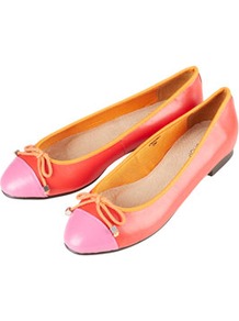 Milano Toecap Ballerina Flats - predominant colour: coral; occasions: casual, work, holiday; material: leather; heel height: flat; toe: round toe; style: ballerinas / pumps; trends: fluorescent; finish: plain; pattern: colourblock; embellishment: bow
