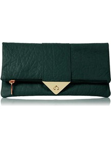 Tri Lock Merino Clutch - predominant colour: dark green; occasions: casual, evening, occasion; type of pattern: light; style: clutch; length: hand carry; size: standard; material: leather; embellishment: zips, chain/metal; pattern: plain; finish: plain