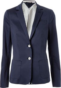 Women's Rodrigo New York Blazer, Navy - pattern: plain; style: single breasted blazer; hip detail: front pockets at hip; collar: standard lapel/rever collar; predominant colour: navy; occasions: casual, work; length: standard; fit: tailored/fitted; fibres: cotton - stretch; waist detail: fitted waist; back detail: back vent/flap at back; sleeve length: long sleeve; sleeve style: standard; texture group: cotton feel fabrics; collar break: low/open; pattern type: fabric; pattern size: standard