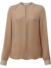 Women's Day Trinity Silk Shirt, Nude - pattern: plain; length: below the bottom; style: blouse; predominant colour: nude; occasions: casual, evening, work; neckline: collarstand; fibres: silk - 100%; fit: straight cut; shoulder detail: flat/draping pleats/ruching/gathering at shoulder; sleeve length: long sleeve; sleeve style: standard; texture group: silky - light; pattern type: fabric