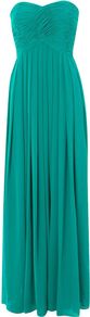 Women's Tegan Maxi Dress, Green - pattern: plain; style: maxi dress; sleeve style: strapless; waist detail: fitted waist; neckline: sweetheart; bust detail: ruching/gathering/draping/layers/pintuck pleats at bust; predominant colour: emerald green; occasions: evening, occasion; length: floor length; fit: fitted at waist & bust; fibres: polyester/polyamide - 100%; hip detail: ruching/gathering at hip, structured pleats at hip; sleeve length: sleeveless; texture group: sheer fabrics/chiffon/organza etc.; pattern type: fabric; pattern size: standard