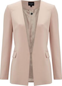 Women's Hawksmoore Jacket, Pink - pattern: plain; style: single breasted blazer; hip detail: side pockets at hip; length: below the bottom; collar: standard lapel/rever collar; predominant colour: blush; occasions: casual, evening, work, occasion; fit: tailored/fitted; fibres: polyester/polyamide - stretch; waist detail: fitted waist; sleeve length: long sleeve; sleeve style: standard; texture group: crepes; trends: tuxedo; collar break: low/open; pattern type: fabric; pattern size: standard