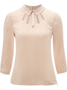 Women's Hayward Blouse, Pink - pattern: plain; bust detail: added detail/embellishment at bust; style: blouse; predominant colour: blush; occasions: evening, work; length: standard; fibres: silk - 100%; fit: body skimming; neckline: no opening/shirt collar/peter pan; back detail: keyhole/peephole detail at back; sleeve length: 3/4 length; sleeve style: standard; texture group: silky - light; pattern type: fabric