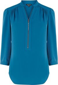 Women's Zip Front Blouse, Teal - pattern: plain; style: blouse; predominant colour: teal; occasions: casual, evening, work; length: standard; neckline: mandarin with v-neck; fibres: polyester/polyamide - 100%; fit: straight cut; shoulder detail: structured/bulky pleats/bulky detail at shoulder; sleeve length: 3/4 length; sleeve style: standard; pattern type: fabric; texture group: other - light to midweight